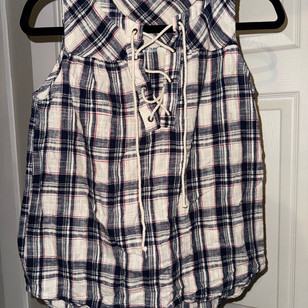 6/$15 Plaid Sleeveless Top with Lace-Up Detail